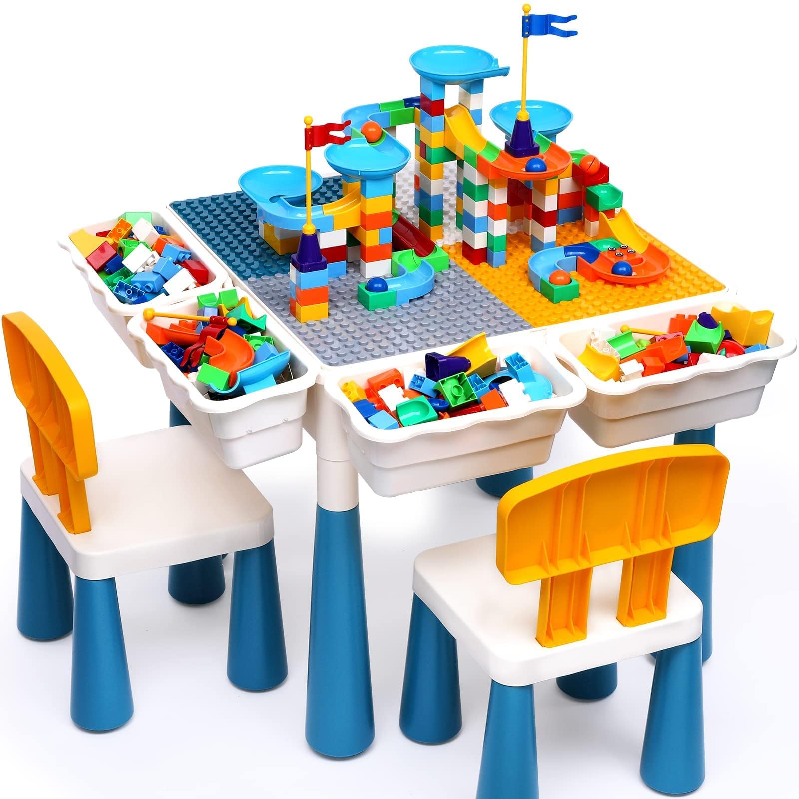 Arscniek 7 In 1 Kids Activity Table And Chair Set With 152Pcs Large Marble Run Building Blocks, Sand/Water Table, Toddler Learni